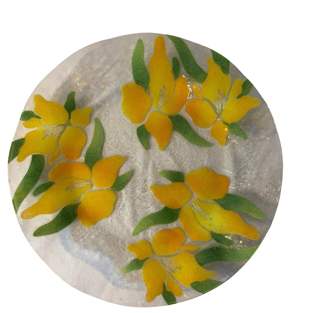 Large Fused Art Glass Platter Yellow Lily Floral Textured 14" Round Plate Serve